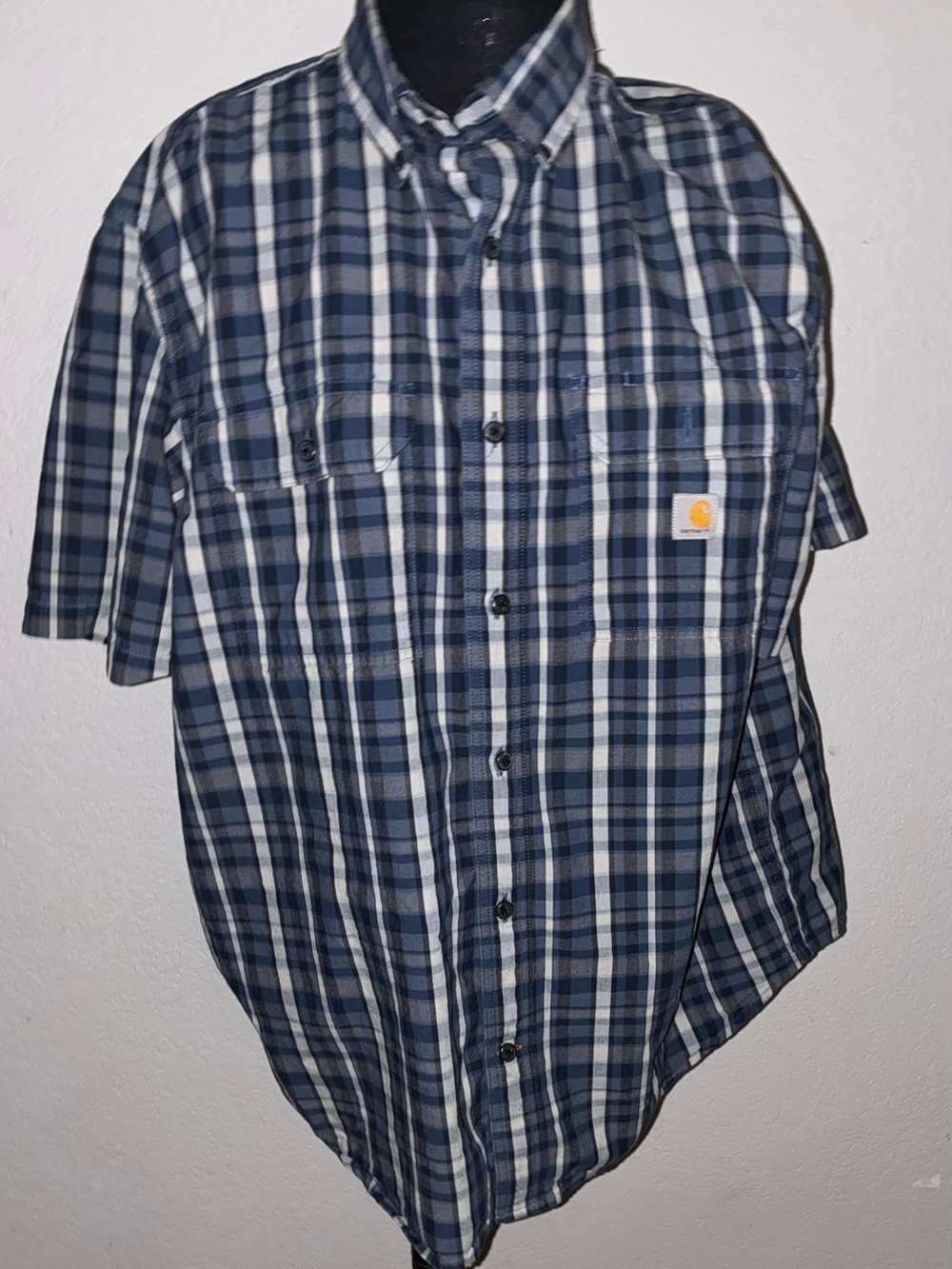 Carhartt Men’s Loose Fit Short Sleeve Blue Plaid Button Up Shirt XL Workwear